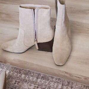 Blondo Cream Suede Ankle Booties with Block Heel